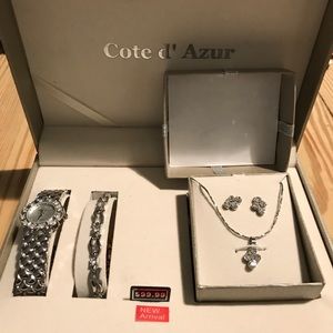 Watch, bracelet, necklace, and earrings; New